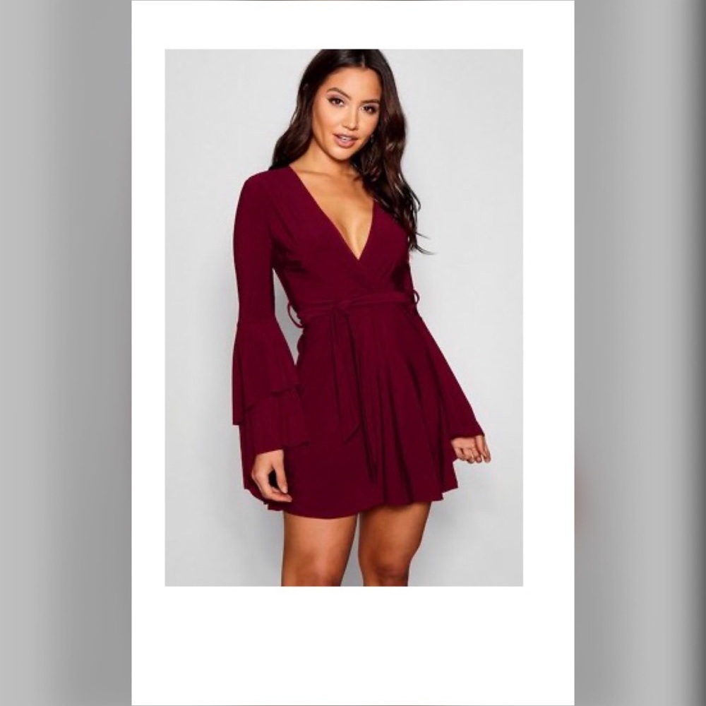 Berry Plunge Neck Flared Sleeve Skater Dress